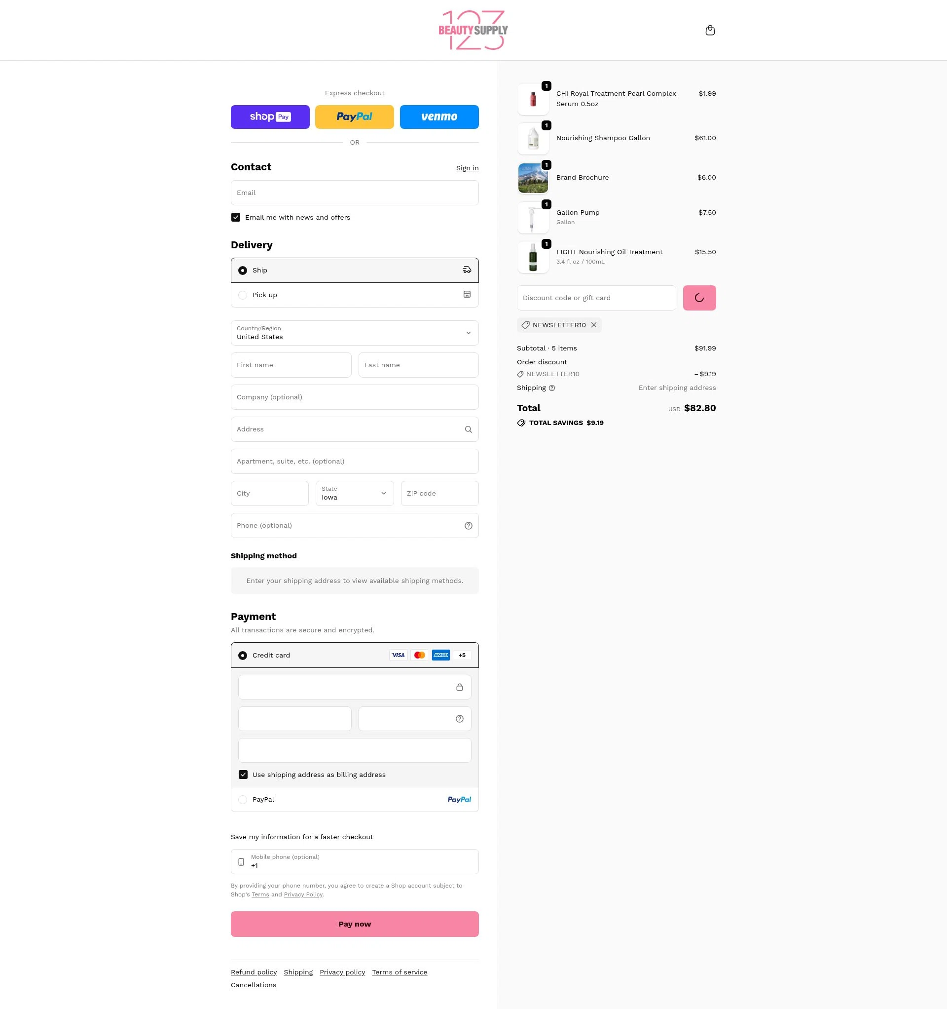 Beauty Supply 123 checkout page showing Beauty Supply 123 coupon code box | Screenshot taken by SimplyCodes community member on Jan 9, 2026