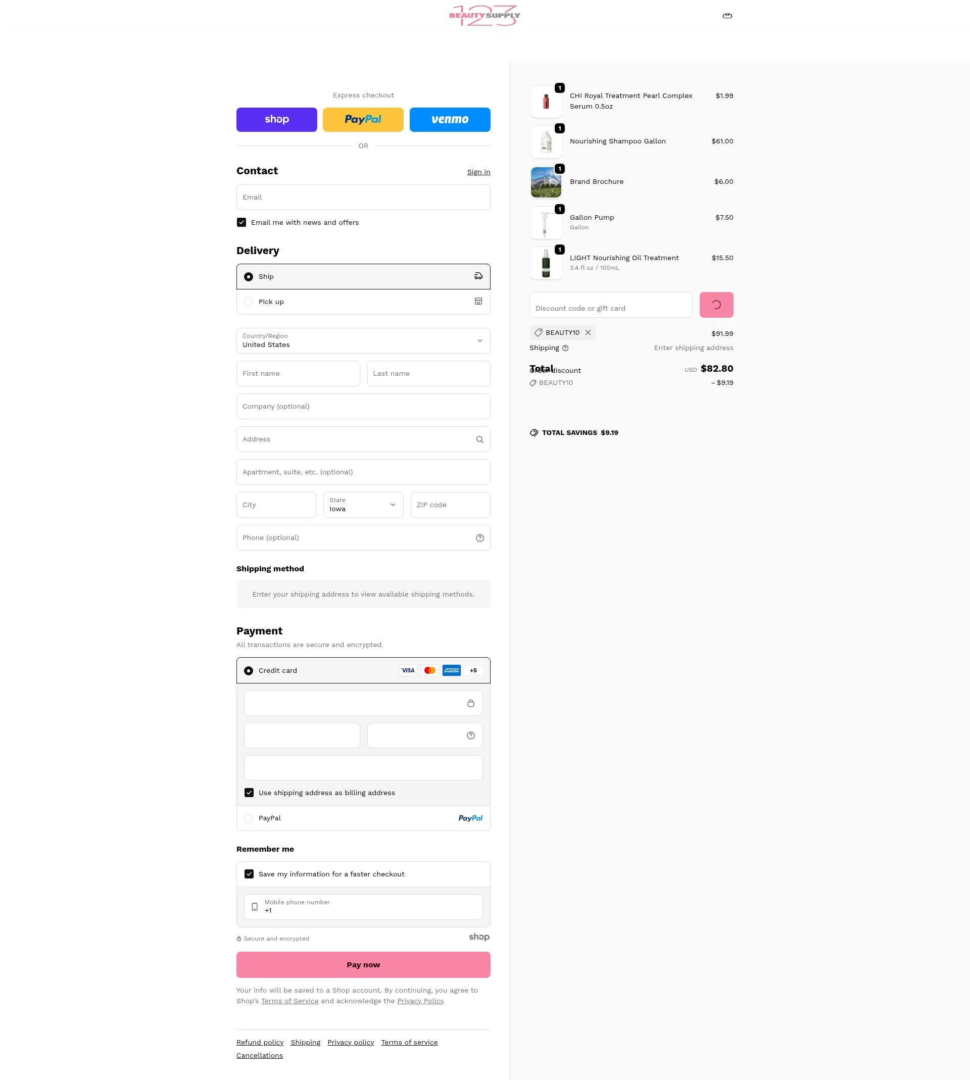 Beauty Supply 123 checkout page showing Beauty Supply 123 coupon code box | Screenshot taken by SimplyCodes community member on Dec 30, 2025