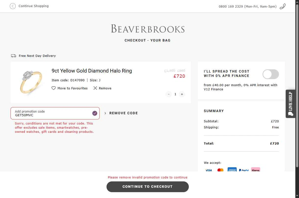 Beaverbrooks checkout page showing Beaverbrooks promo code box | Screenshot taken by SimplyCodes community member on Jan 10, 2026