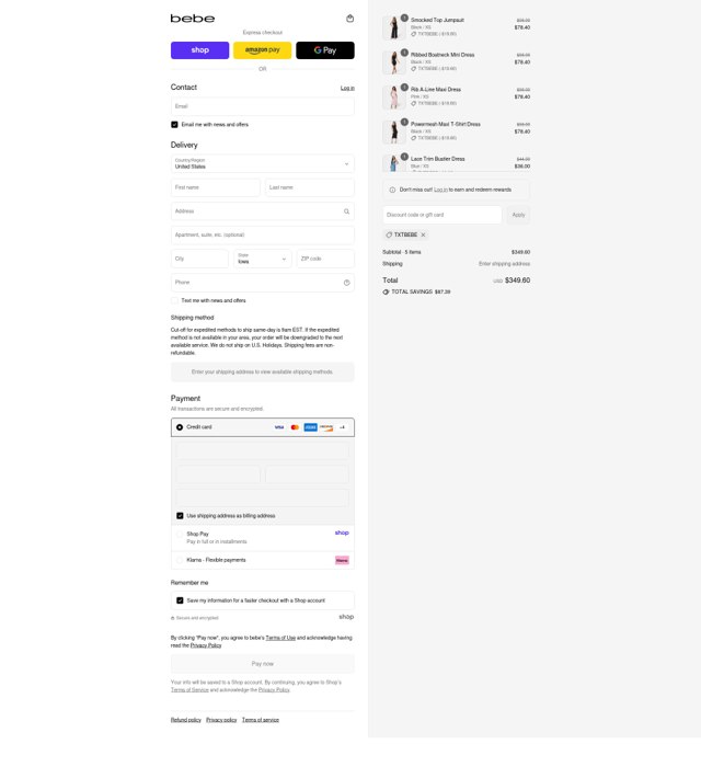 Bebe checkout page showing Bebe promo code box | Screenshot taken by SimplyCodes community member on Aug 29, 2025