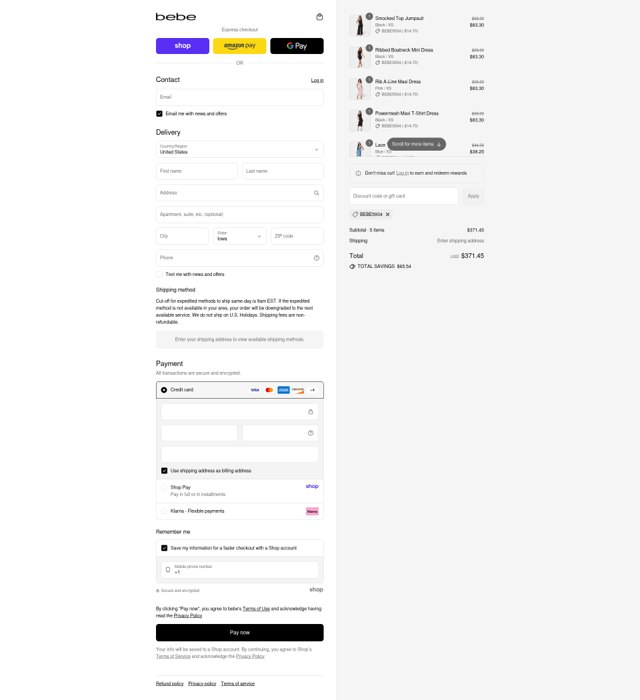 Bebe checkout page showing Bebe promo code box | Screenshot taken by SimplyCodes community member on Aug 29, 2025