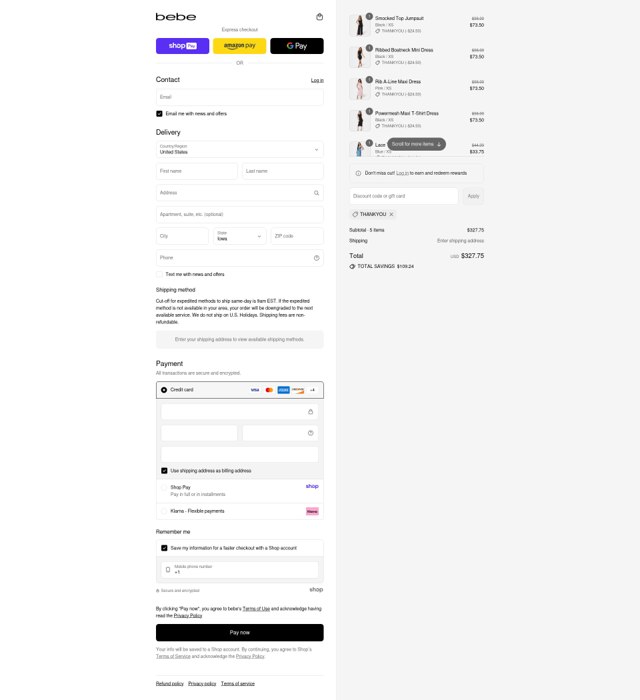 Bebe checkout page showing Bebe promo code box | Screenshot taken by SimplyCodes community member on Aug 24, 2025