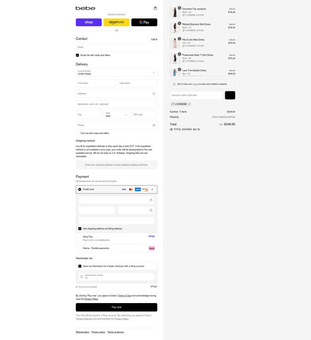 Bebe checkout page showing Bebe promo code box | Screenshot taken by SimplyCodes community member on Aug 29, 2025