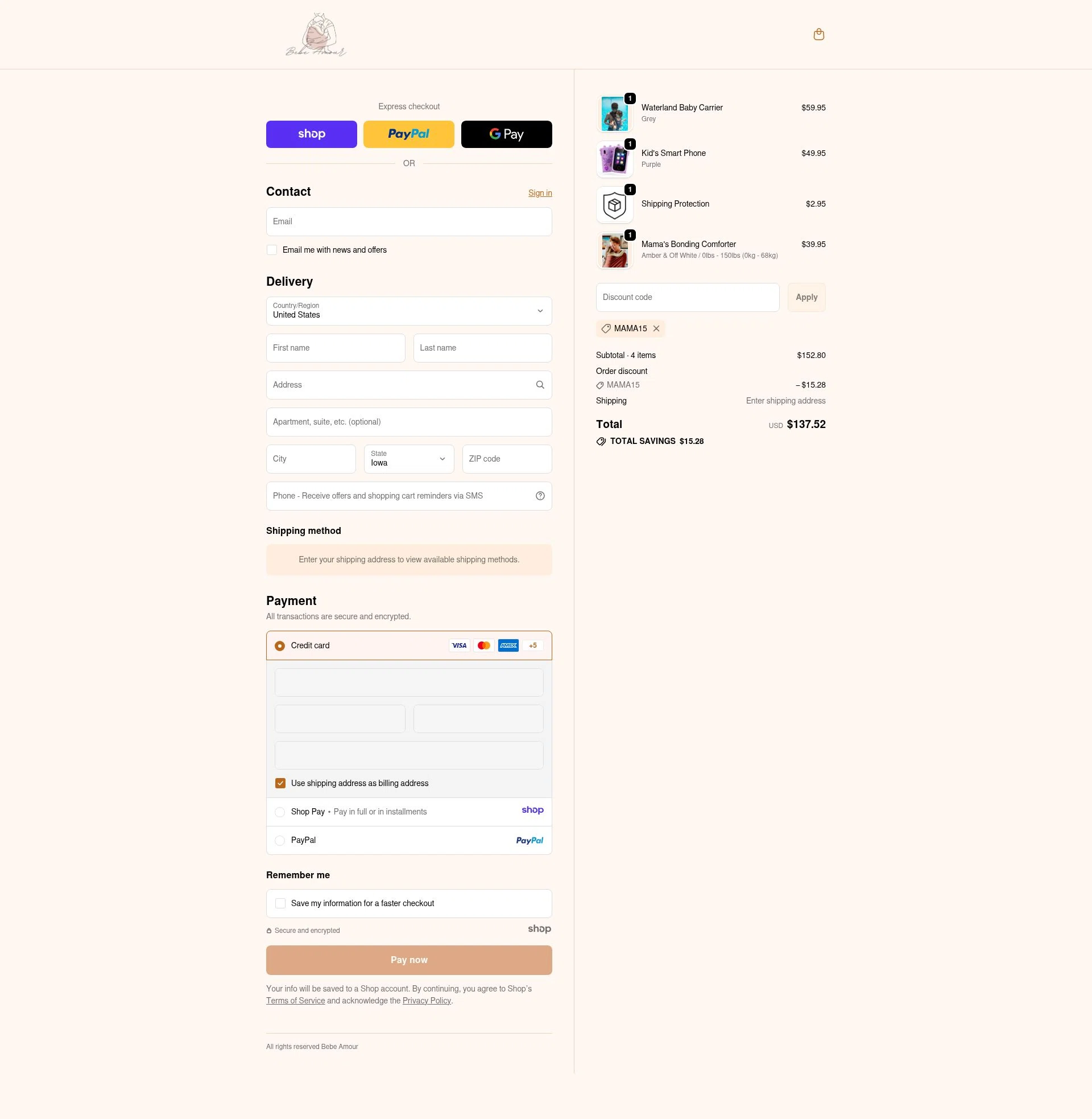 Bebe Amour checkout page showing Bebe Amour discount code box | Screenshot taken by SimplyCodes community member on Dec 28, 2025