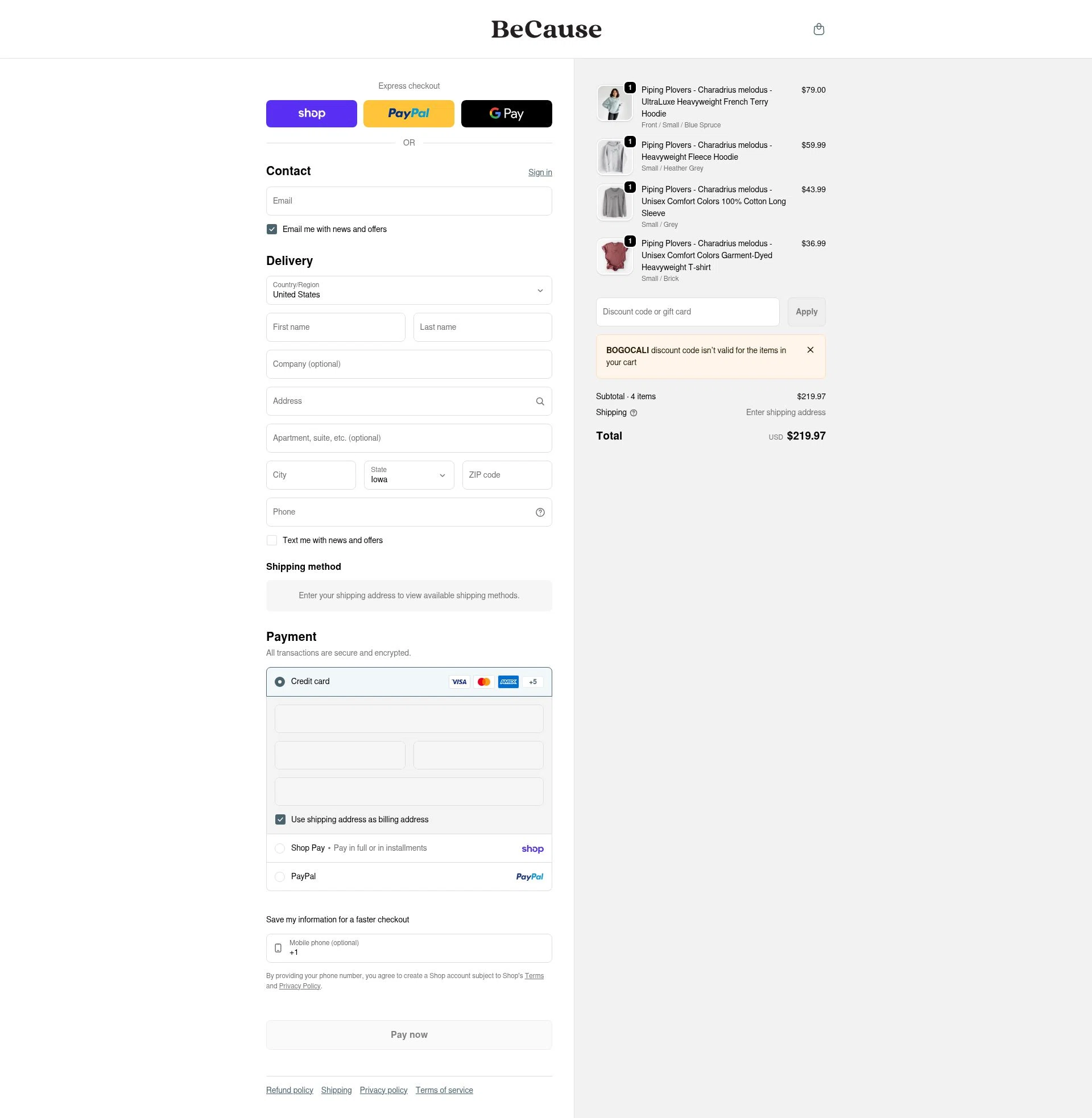 Because Tees checkout page showing Because Tees discount code box | Screenshot taken by SimplyCodes community member on Feb 11, 2026