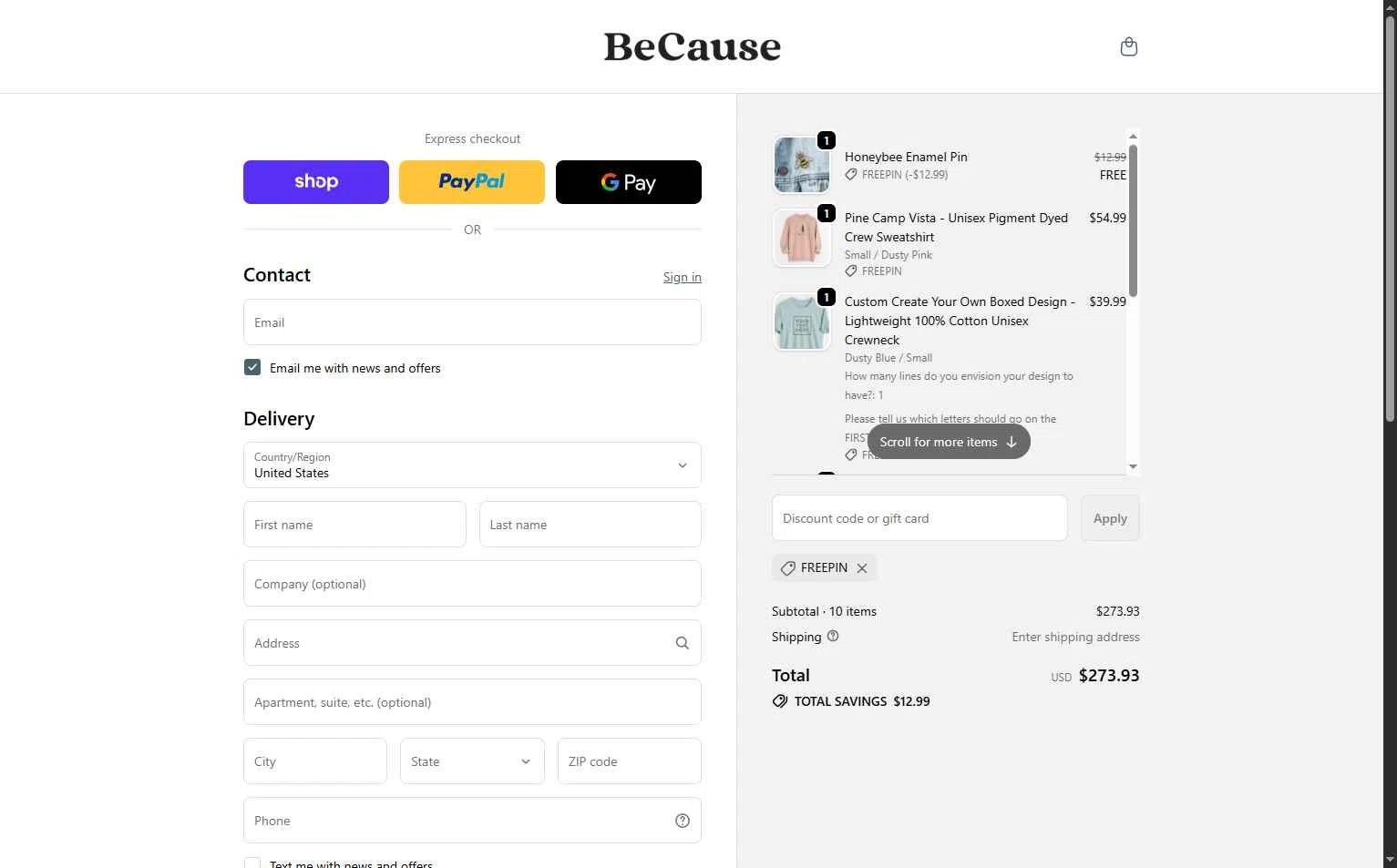 Because Tees checkout page showing Because Tees discount code box | Screenshot taken by SimplyCodes community member on Feb 11, 2026
