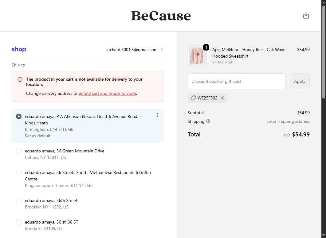 Because Tees checkout page showing Because Tees discount code box | Screenshot taken by SimplyCodes community member on Feb 11, 2026