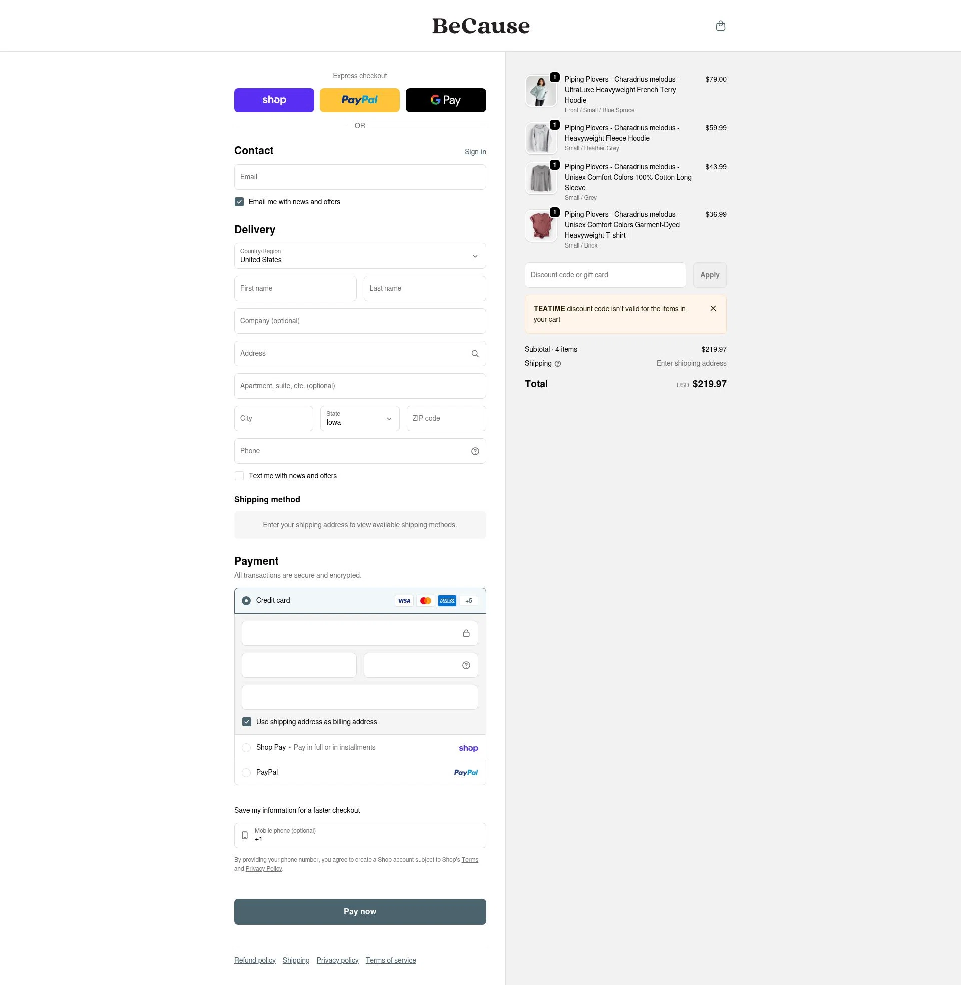Because Tees checkout page showing Because Tees discount code box | Screenshot taken by SimplyCodes community member on Feb 11, 2026