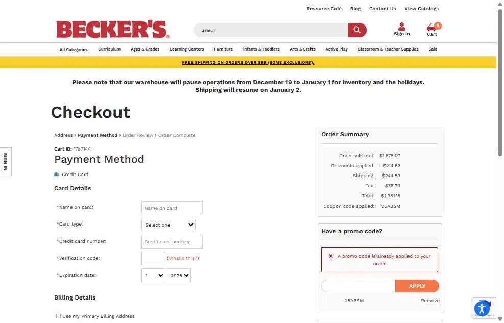 Becker's School Supplies checkout page showing Becker's School Supplies promo code box | Screenshot taken by SimplyCodes community member on Dec 11, 2025