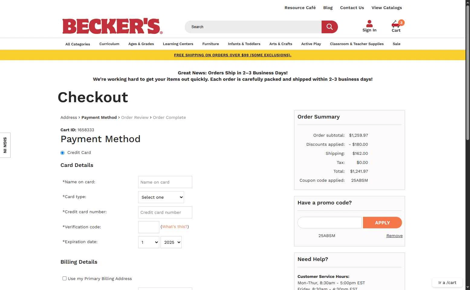 Becker's School Supplies checkout page showing Becker's School Supplies promo code box | Screenshot taken by SimplyCodes community member on Sep 22, 2025