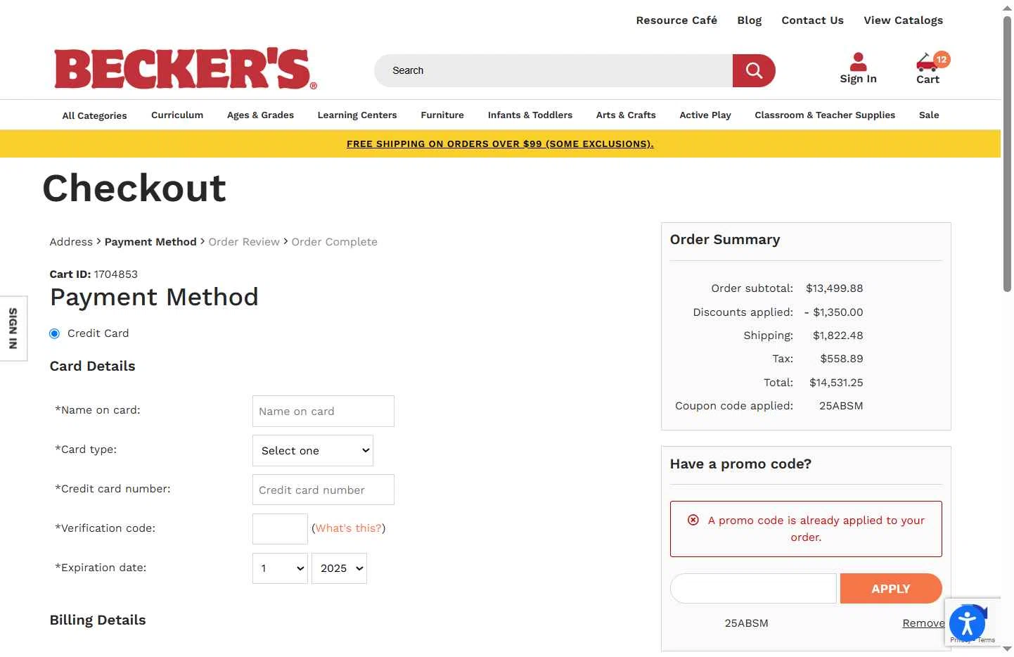 Becker's School Supplies checkout page showing Becker's School Supplies promo code box | Screenshot taken by SimplyCodes community member on Oct 21, 2025