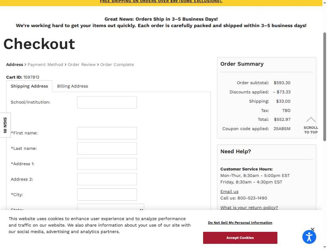 Becker's School Supplies checkout page showing Becker's School Supplies promo code box | Screenshot taken by SimplyCodes community member on Aug 17, 2025
