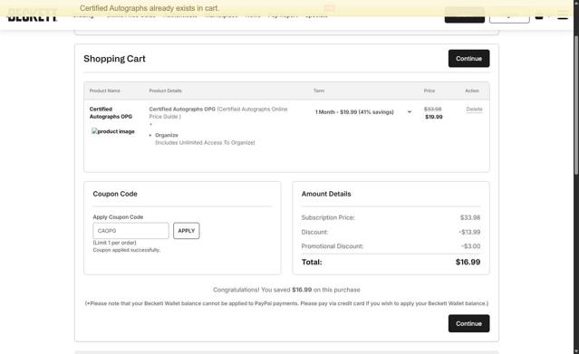Beckett checkout page showing Beckett promo code box | Screenshot taken by SimplyCodes community member on Sep 5, 2025
