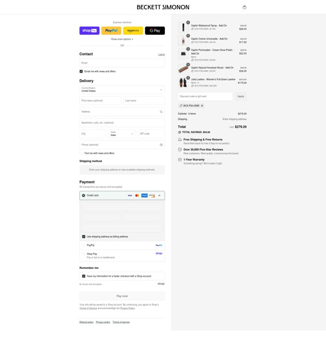 Beckett Simonon checkout page showing Beckett Simonon discount code box | Screenshot taken by SimplyCodes community member on Aug 27, 2025