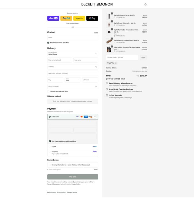 Beckett Simonon checkout page showing Beckett Simonon discount code box | Screenshot taken by SimplyCodes community member on Aug 27, 2025
