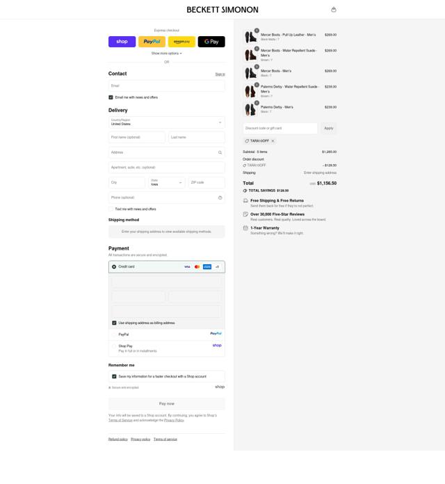 Beckett Simonon checkout page showing Beckett Simonon discount code box | Screenshot taken by SimplyCodes community member on Sep 12, 2025
