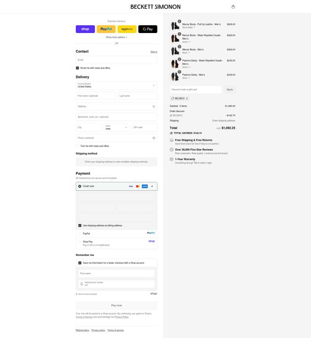Beckett Simonon checkout page showing Beckett Simonon discount code box | Screenshot taken by SimplyCodes community member on Sep 12, 2025