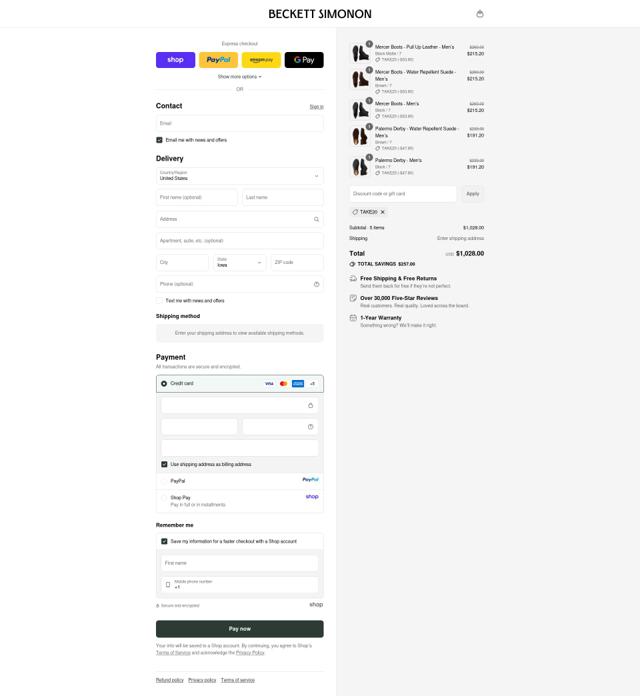 Beckett Simonon checkout page showing Beckett Simonon discount code box | Screenshot taken by SimplyCodes community member on Sep 12, 2025