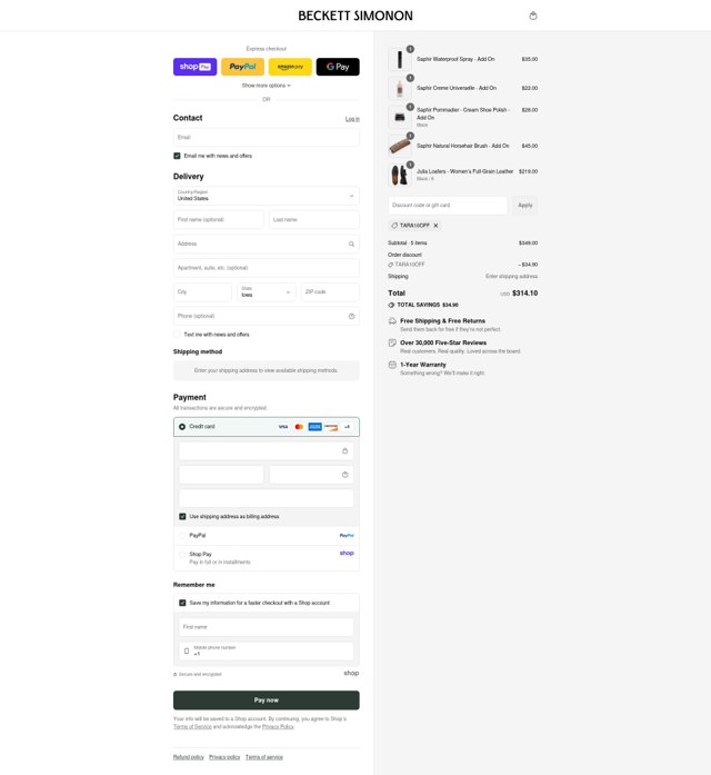 Beckett Simonon checkout page showing Beckett Simonon discount code box | Screenshot taken by SimplyCodes community member on Aug 27, 2025
