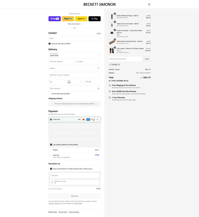 Beckett Simonon checkout page showing Beckett Simonon discount code box | Screenshot taken by SimplyCodes community member on Aug 27, 2025
