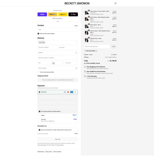 Beckett Simonon checkout page showing Beckett Simonon discount code box | Screenshot taken by SimplyCodes community member on Sep 12, 2025