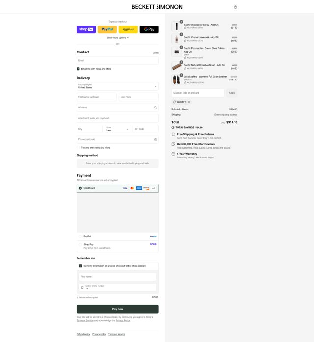 Beckett Simonon checkout page showing Beckett Simonon discount code box | Screenshot taken by SimplyCodes community member on Aug 27, 2025