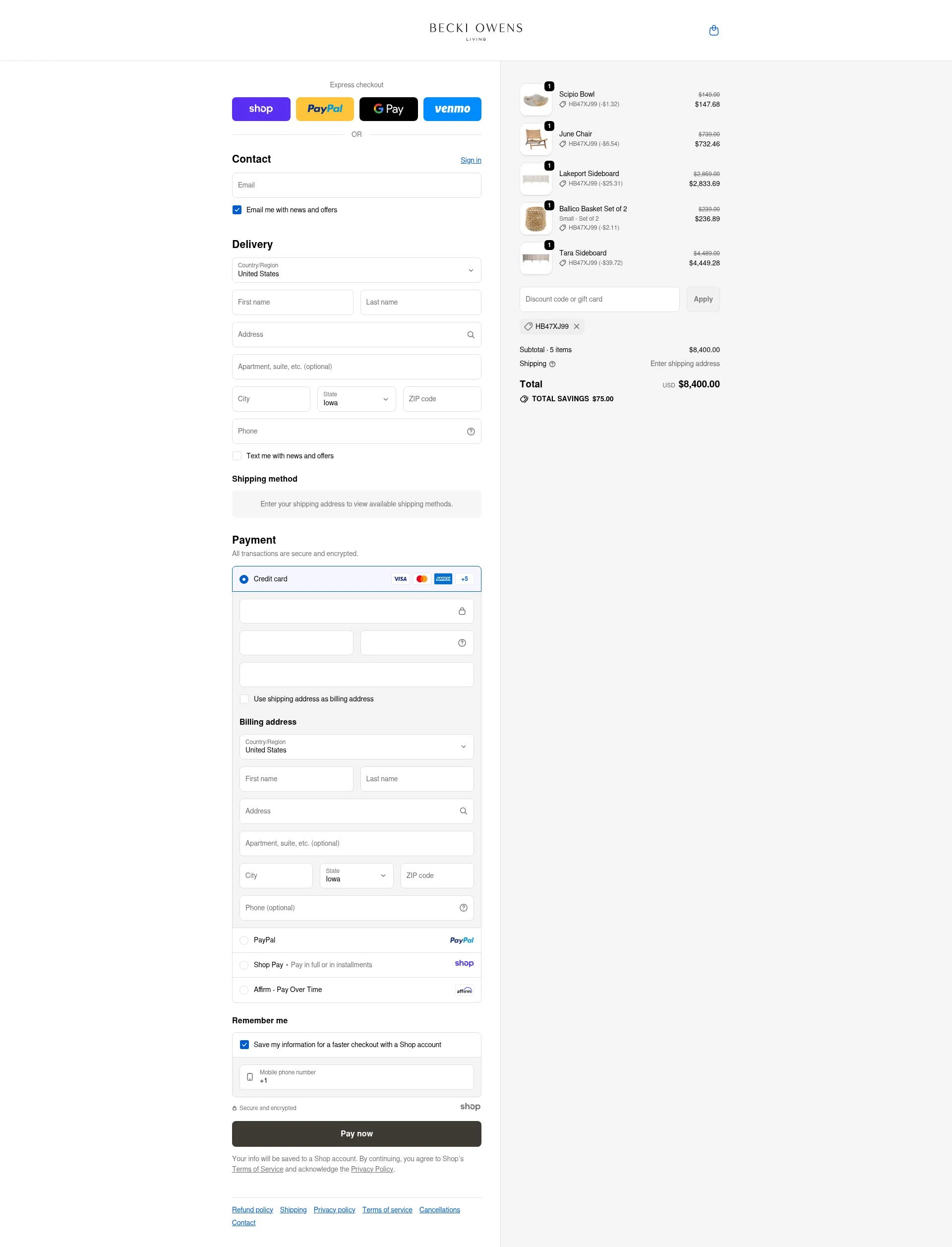 Becki Owens Living checkout page showing Becki Owens Living promo code box | Screenshot taken by SimplyCodes community member on Dec 4, 2025