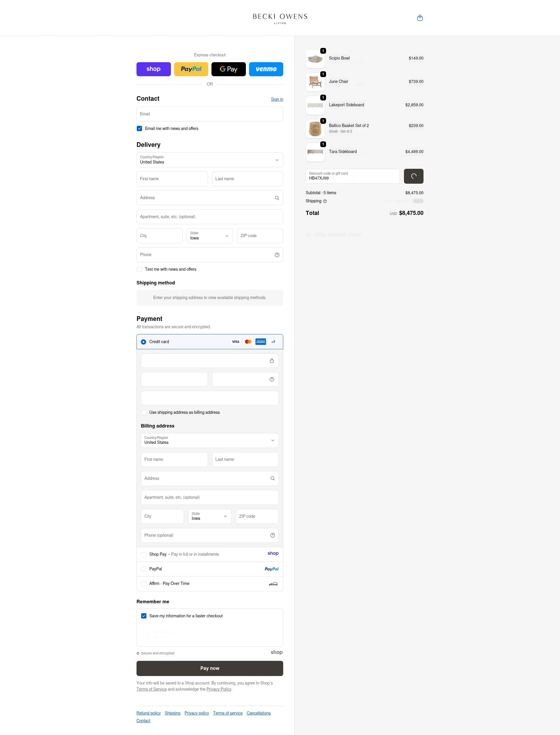 Becki Owens Living checkout page showing Becki Owens Living promo code box | Screenshot taken by SimplyCodes community member on Dec 23, 2025