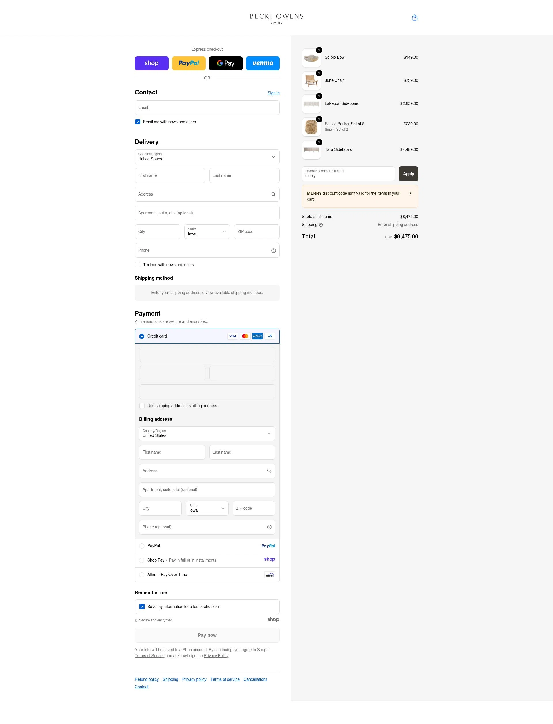 Becki Owens Living checkout page showing Becki Owens Living promo code box | Screenshot taken by SimplyCodes community member on Dec 16, 2025