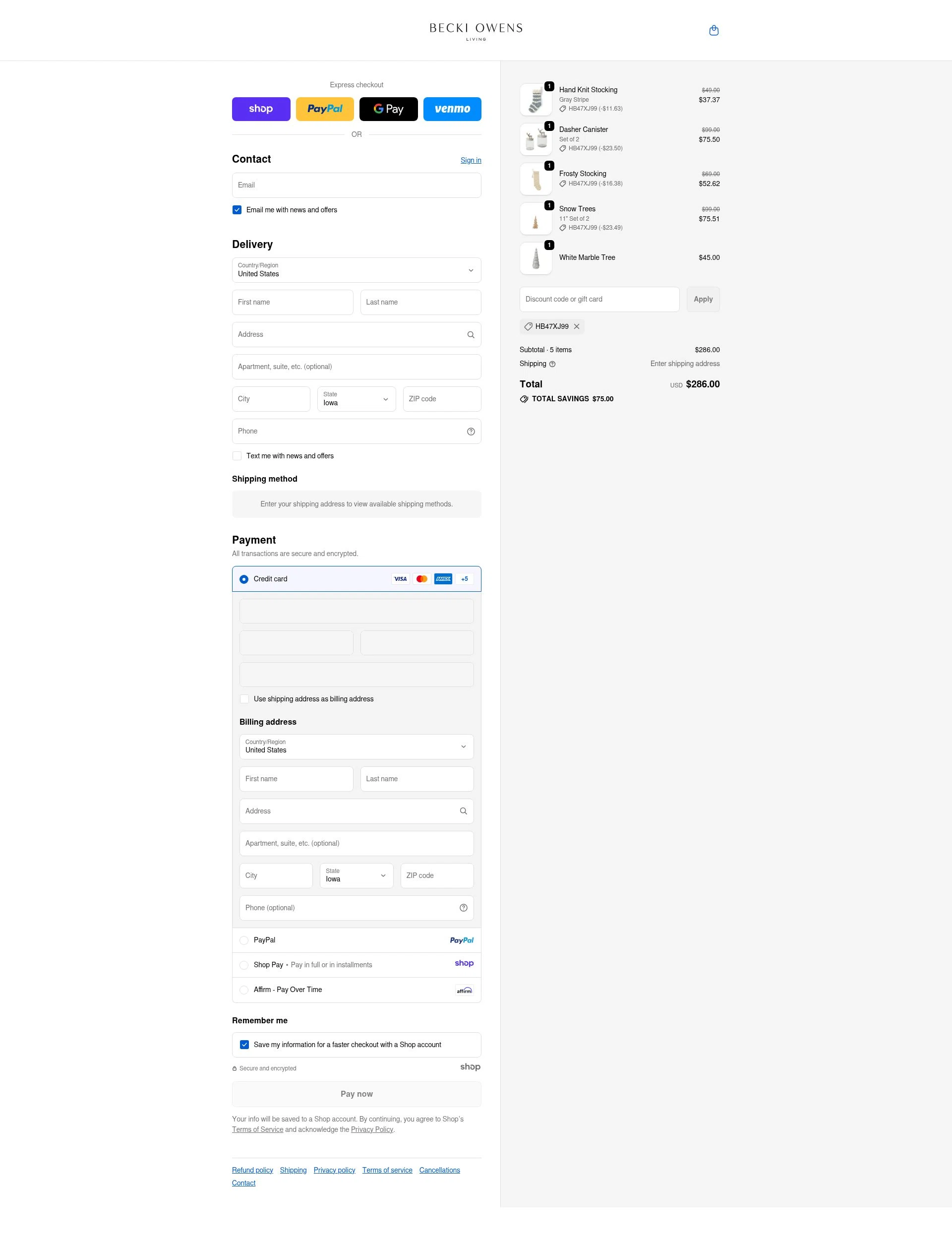 Becki Owens Living checkout page showing Becki Owens Living promo code box | Screenshot taken by SimplyCodes community member on Nov 29, 2025