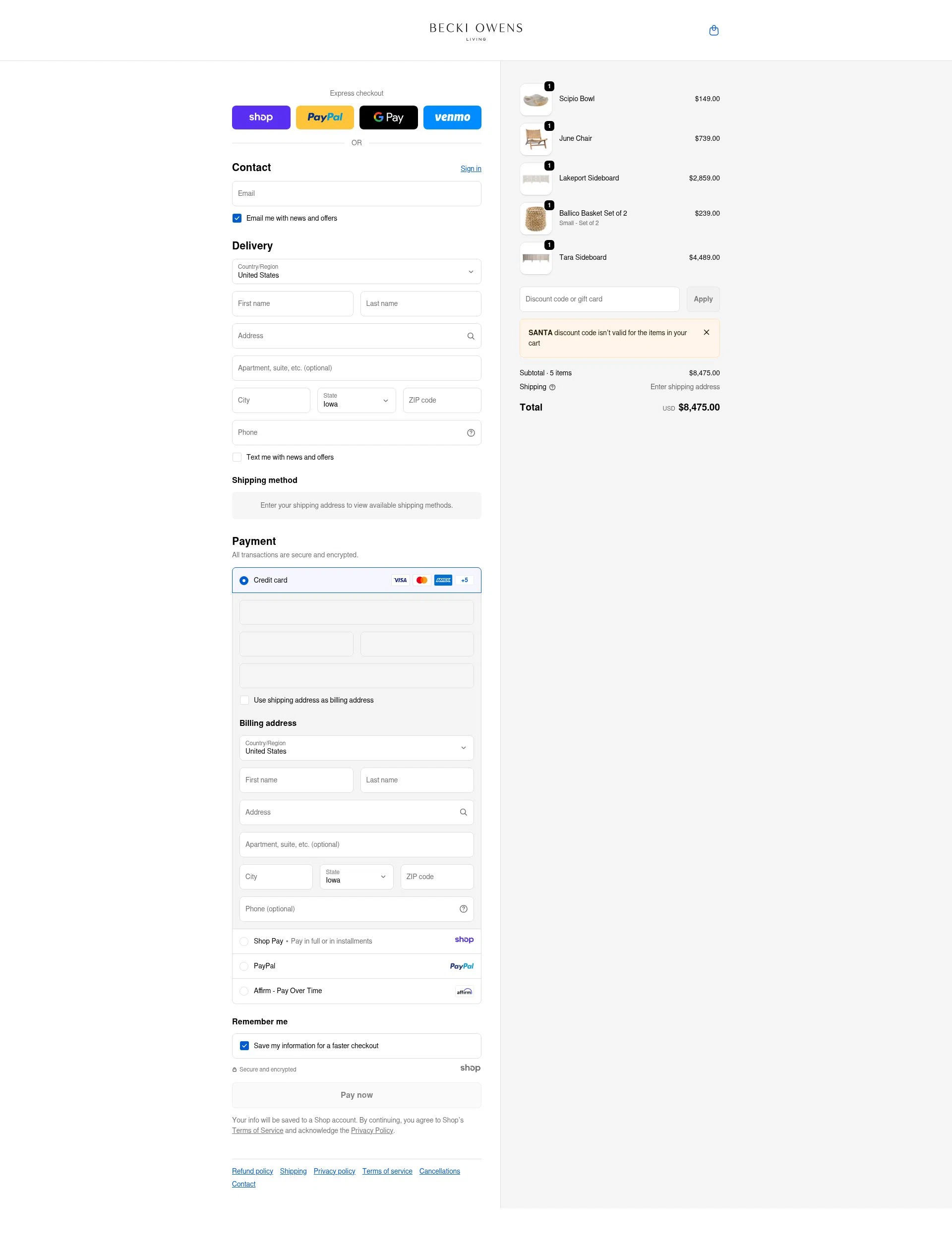 Becki Owens Living checkout page showing Becki Owens Living promo code box | Screenshot taken by SimplyCodes community member on Dec 23, 2025