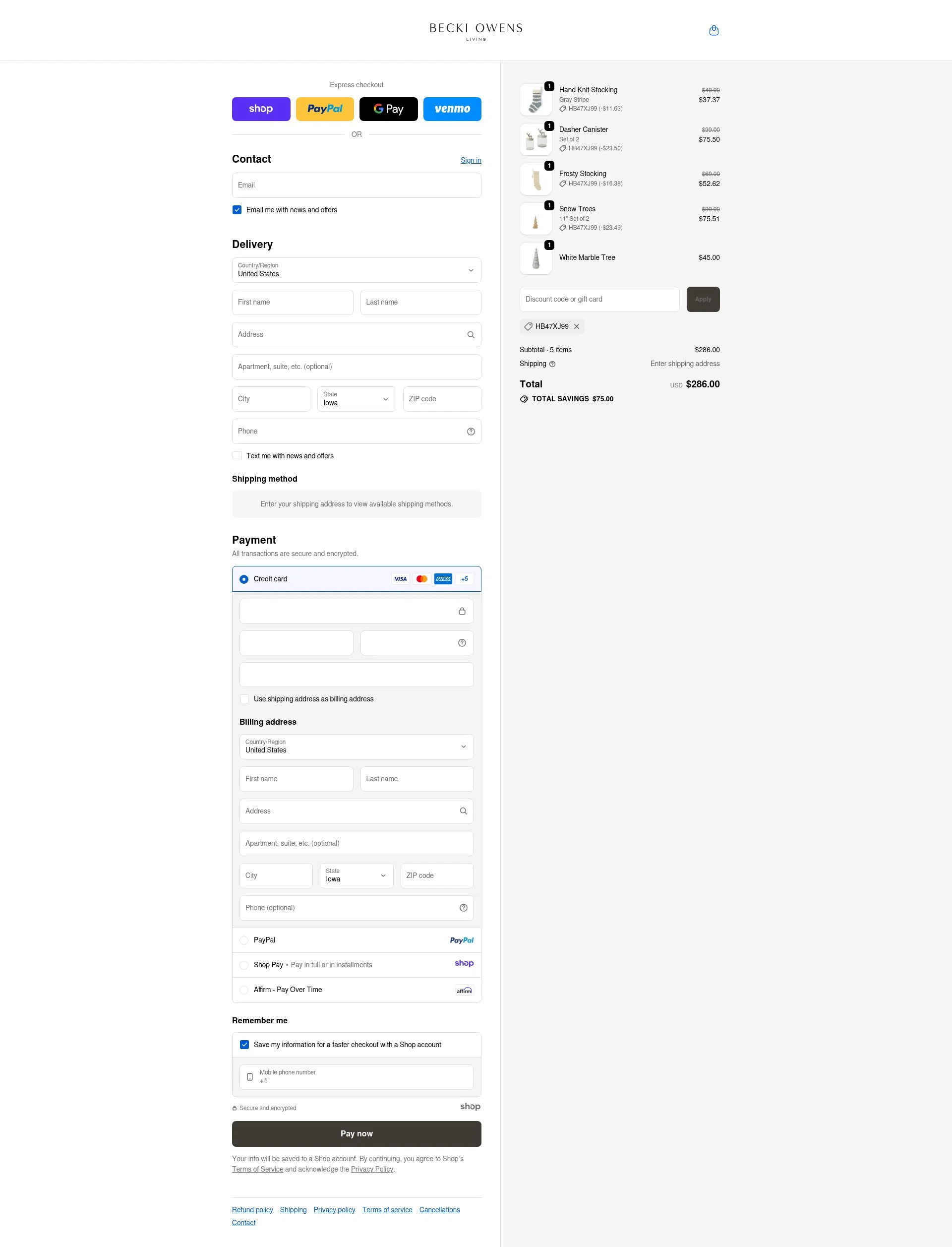 Becki Owens Living checkout page showing Becki Owens Living promo code box | Screenshot taken by SimplyCodes community member on Nov 24, 2025
