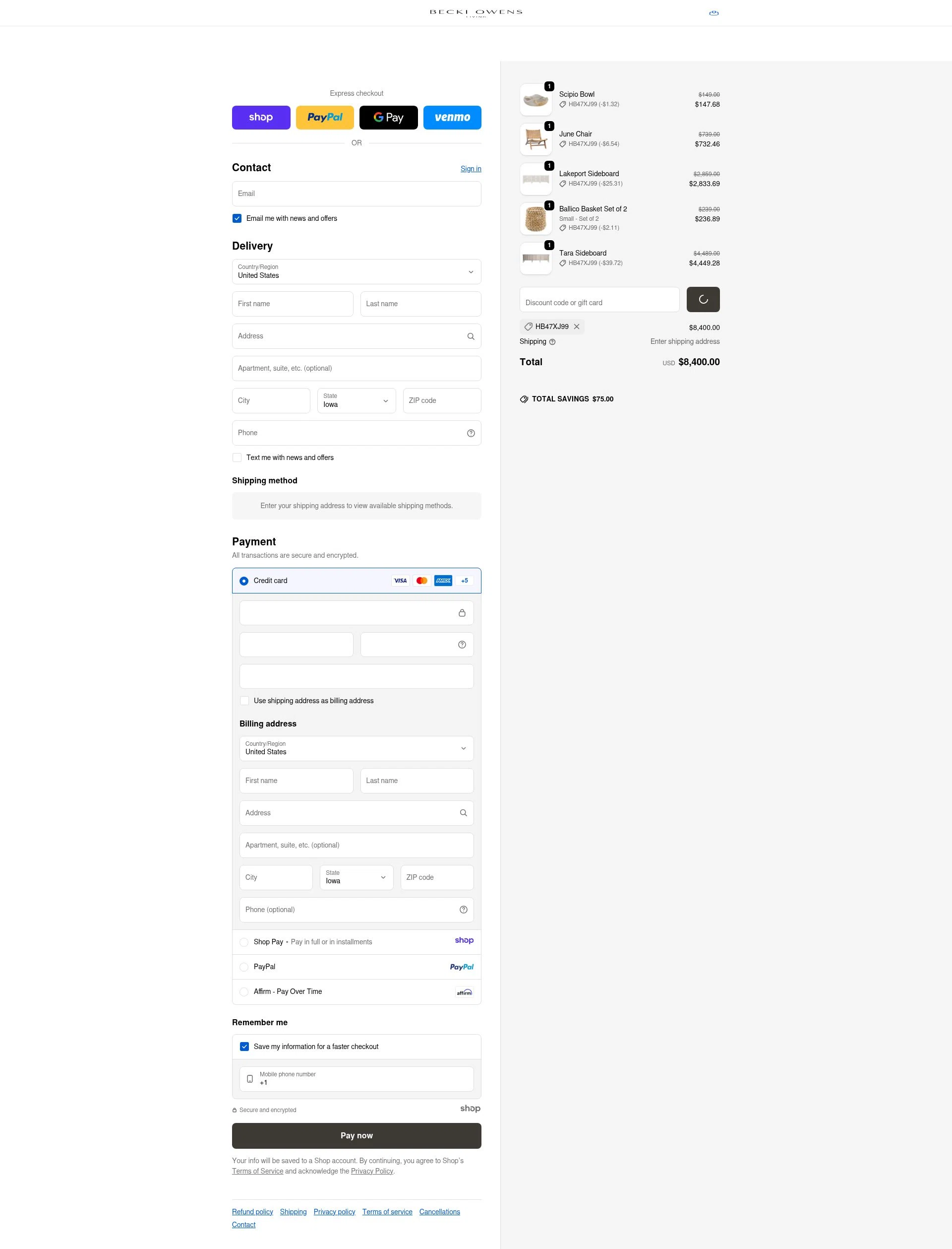 Becki Owens Living checkout page showing Becki Owens Living promo code box | Screenshot taken by SimplyCodes community member on Dec 28, 2025