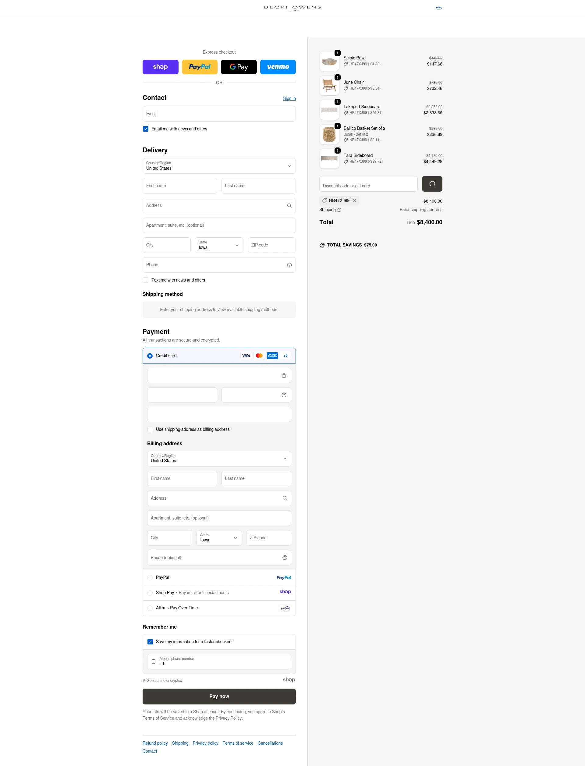Becki Owens Living checkout page showing Becki Owens Living promo code box | Screenshot taken by SimplyCodes community member on Dec 16, 2025
