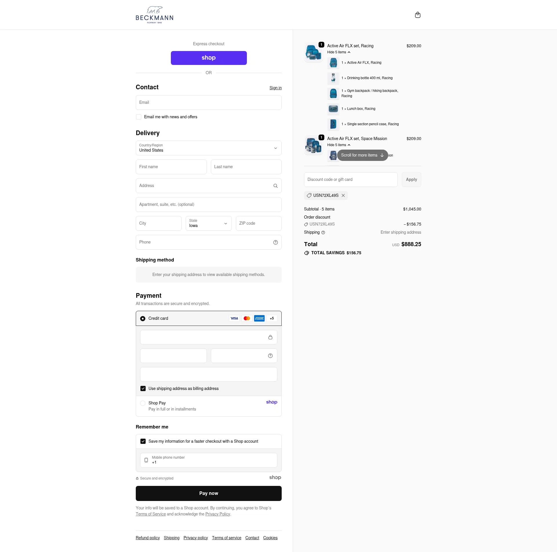 Beckmann Norway Inc checkout page showing Beckmann Norway Inc promo code box | Screenshot taken by SimplyCodes community member on Oct 10, 2025