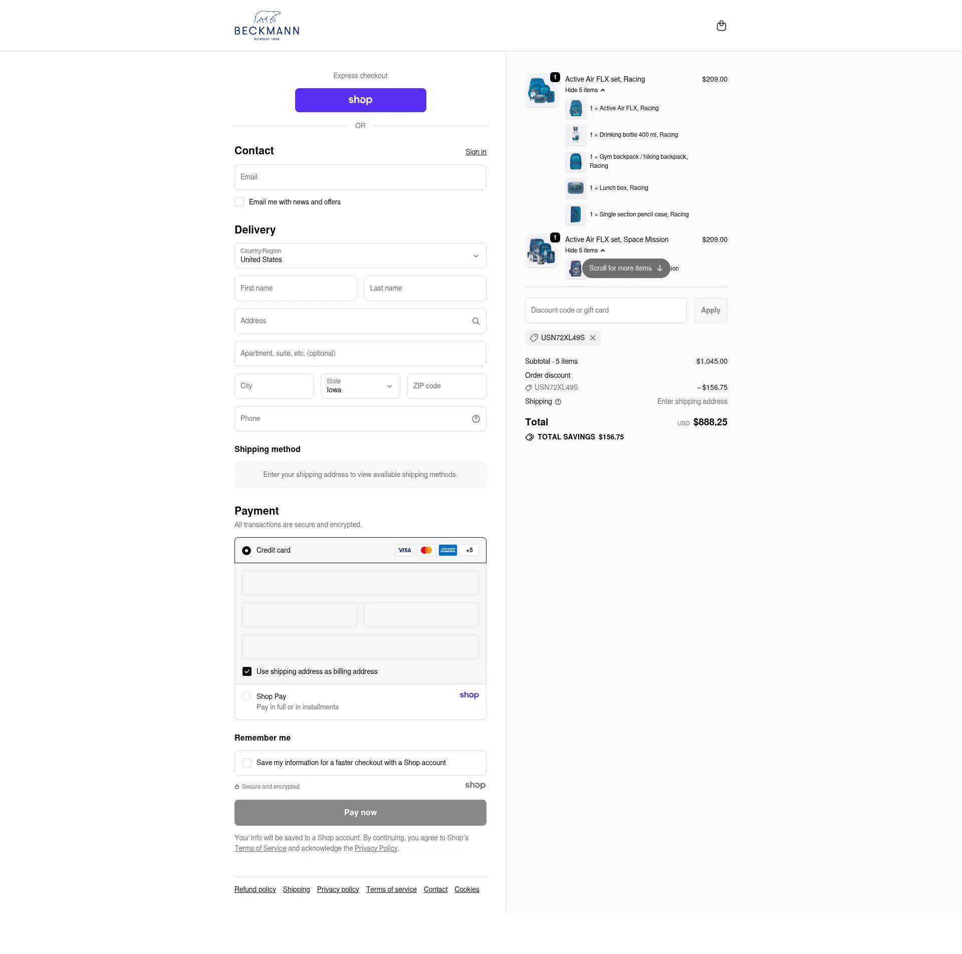 Beckmann Norway Inc checkout page showing Beckmann Norway Inc promo code box | Screenshot taken by SimplyCodes community member on Oct 17, 2025
