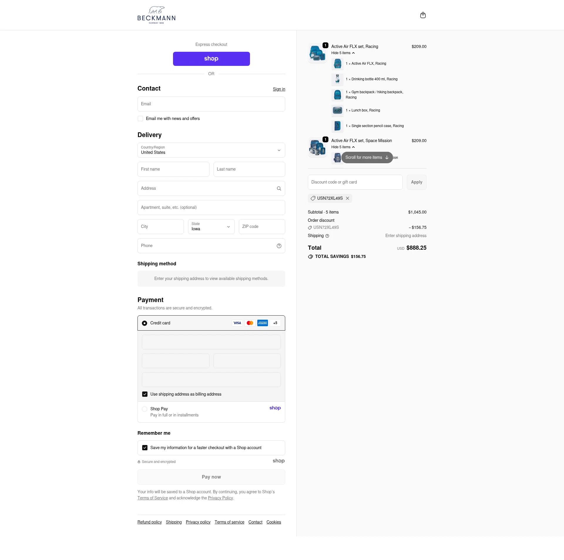 Beckmann Norway Inc checkout page showing Beckmann Norway Inc promo code box | Screenshot taken by SimplyCodes community member on Oct 26, 2025