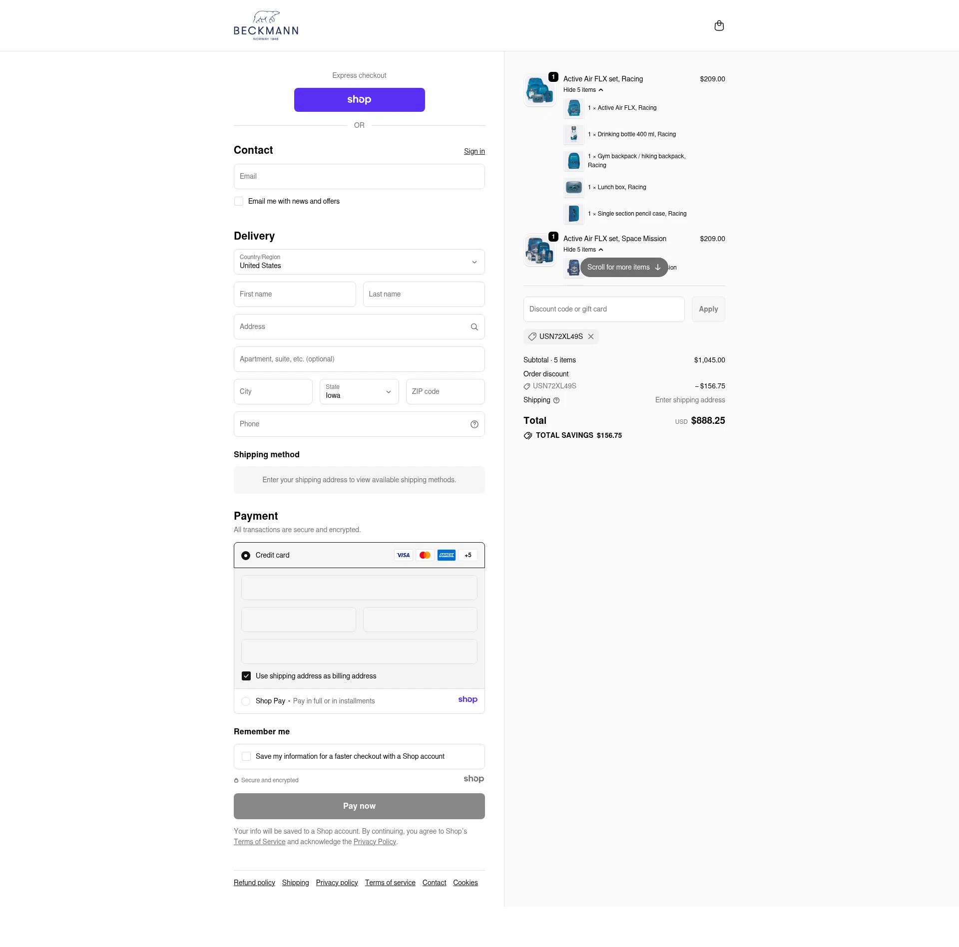 Beckmann Norway Inc checkout page showing Beckmann Norway Inc promo code box | Screenshot taken by SimplyCodes community member on Oct 31, 2025