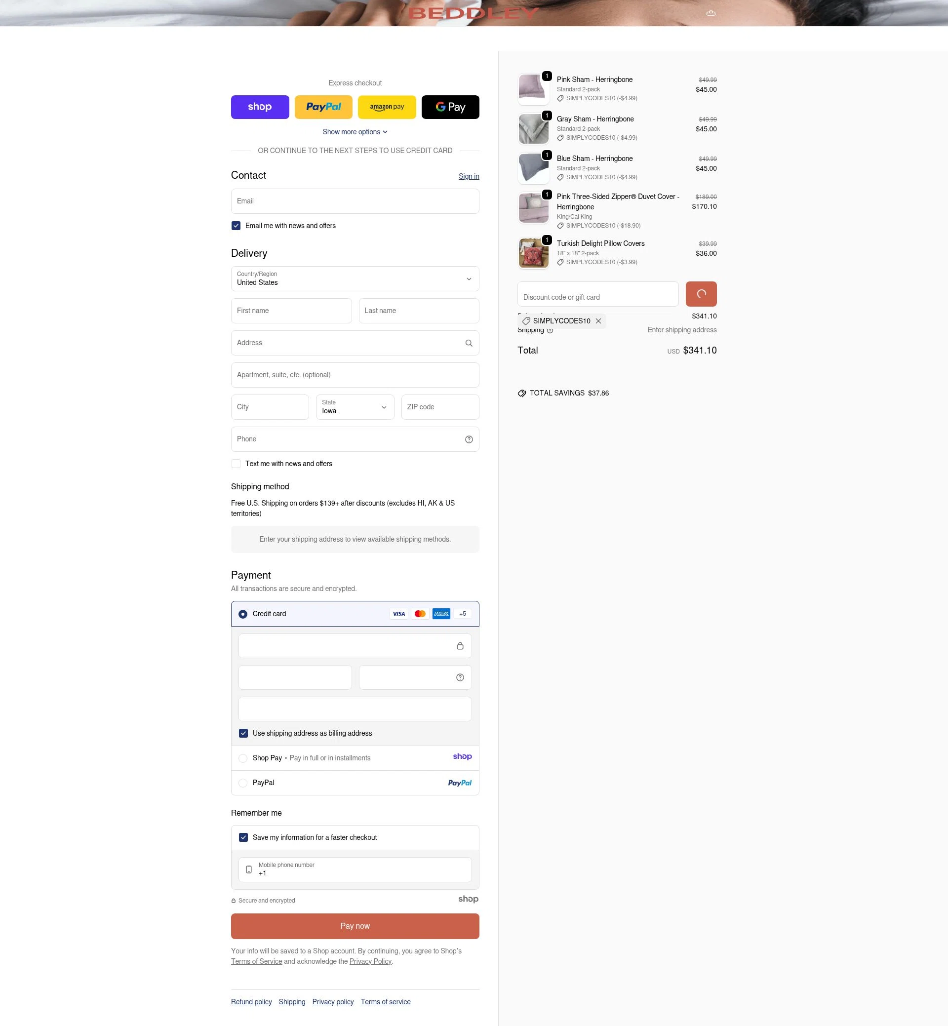 Beddley checkout page showing Beddley promo code box | Screenshot taken by SimplyCodes community member on Jan 4, 2026
