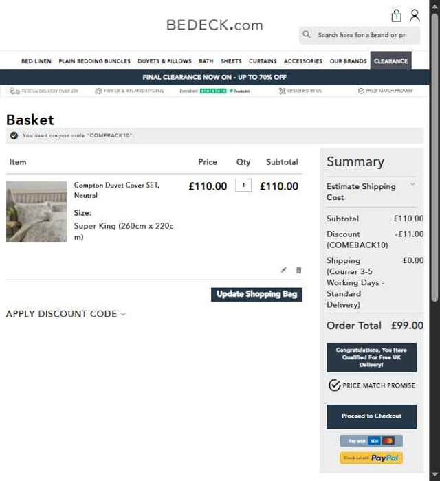 Bedeck checkout page showing Bedeck discount code box | Screenshot taken by SimplyCodes community member on Jul 30, 2025