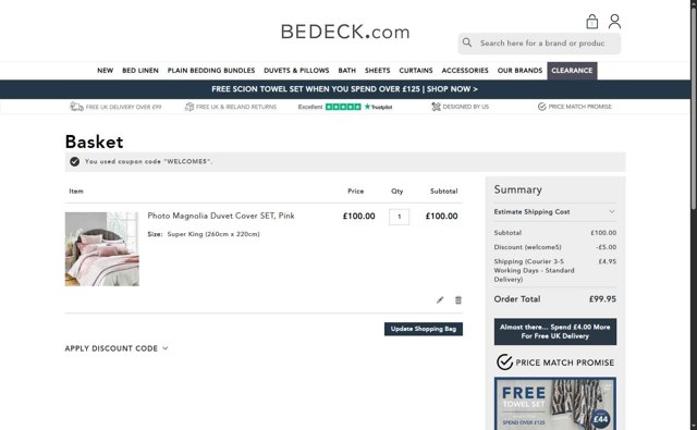 Bedeck checkout page showing Bedeck discount code box | Screenshot taken by SimplyCodes community member on Aug 28, 2025