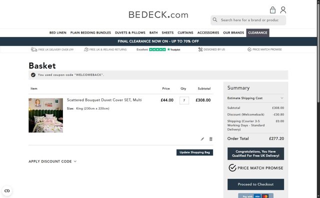 Bedeck checkout page showing Bedeck discount code box | Screenshot taken by SimplyCodes community member on Jul 30, 2025
