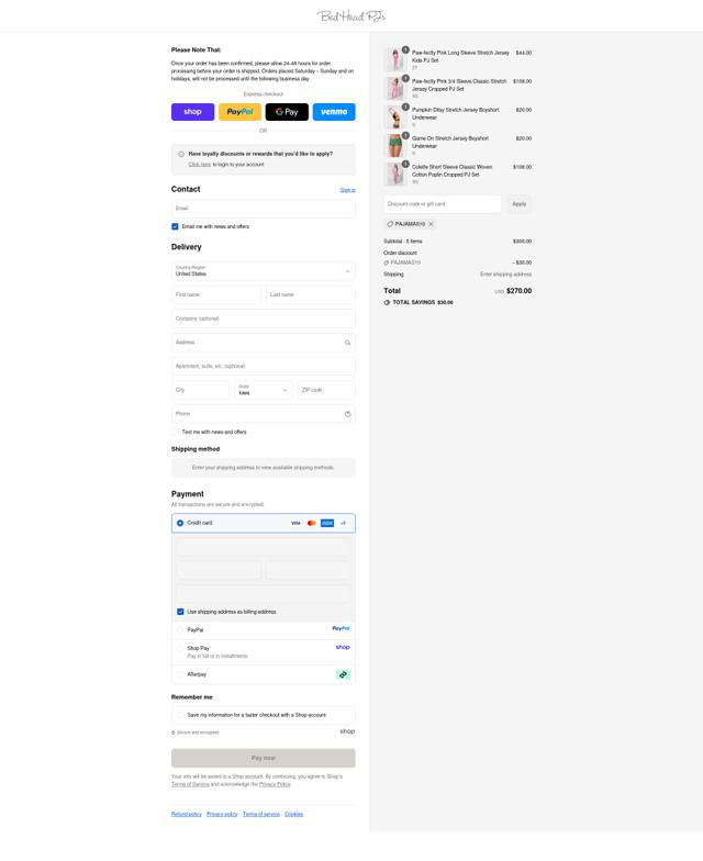 Bedhead Pajamas checkout page showing Bedhead Pajamas promo code box | Screenshot taken by SimplyCodes community member on Sep 14, 2025