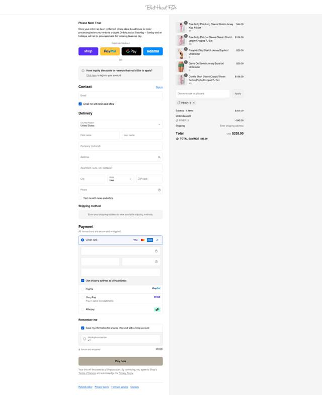 Bedhead Pajamas checkout page showing Bedhead Pajamas promo code box | Screenshot taken by SimplyCodes community member on Sep 14, 2025