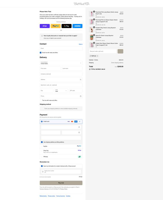 Bedhead Pajamas checkout page showing Bedhead Pajamas promo code box | Screenshot taken by SimplyCodes community member on Sep 10, 2025
