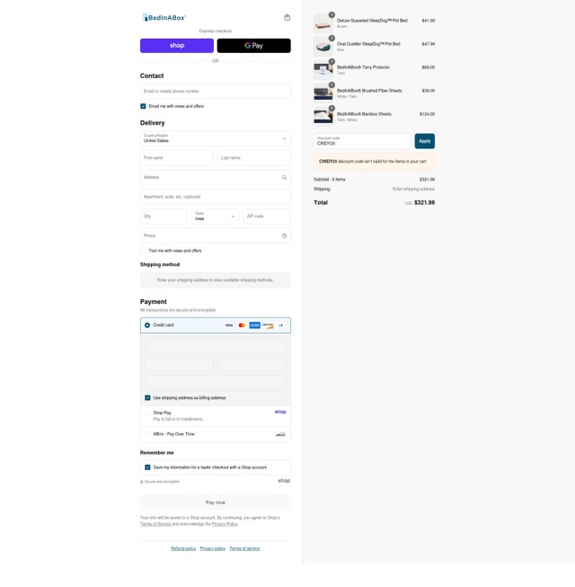 BedInABox checkout page showing BedInABox discount code box | Screenshot taken by SimplyCodes community member on Sep 1, 2025