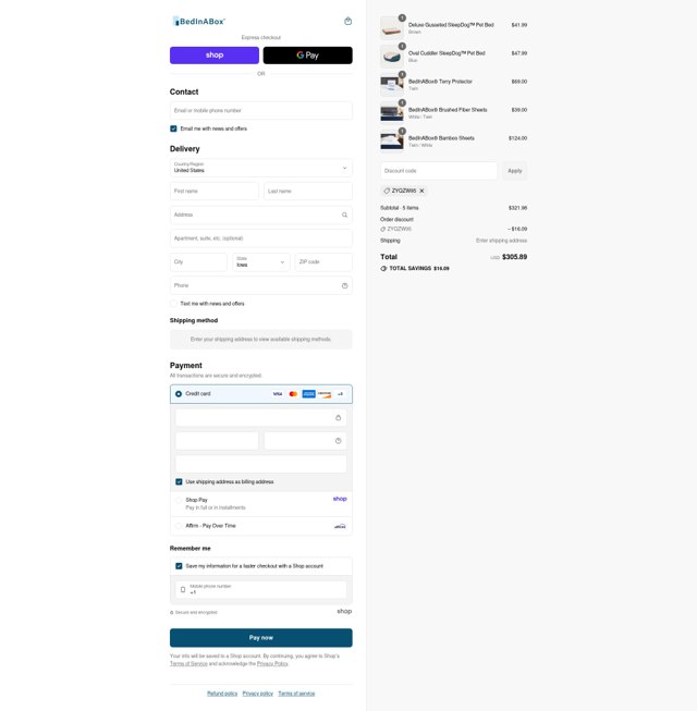 BedInABox checkout page showing BedInABox discount code box | Screenshot taken by SimplyCodes community member on Sep 1, 2025