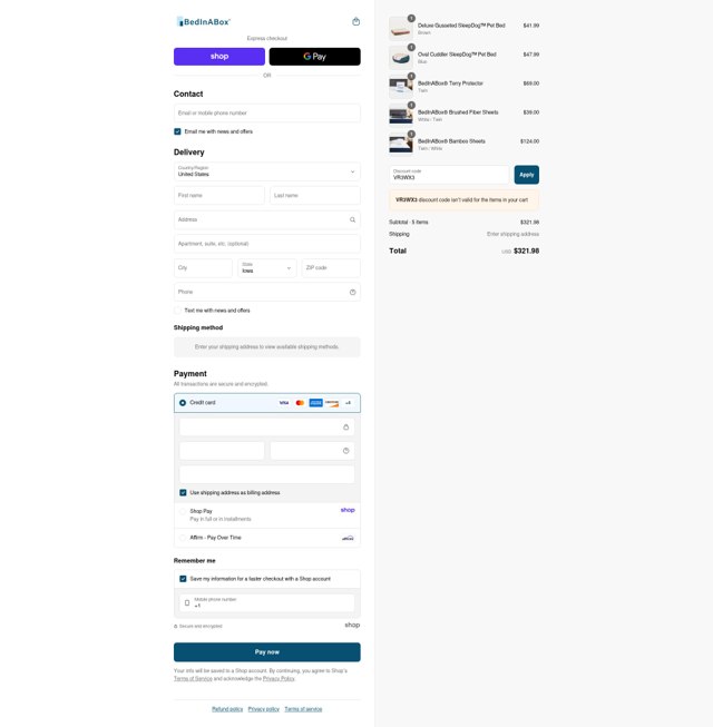 BedInABox checkout page showing BedInABox discount code box | Screenshot taken by SimplyCodes community member on Sep 1, 2025