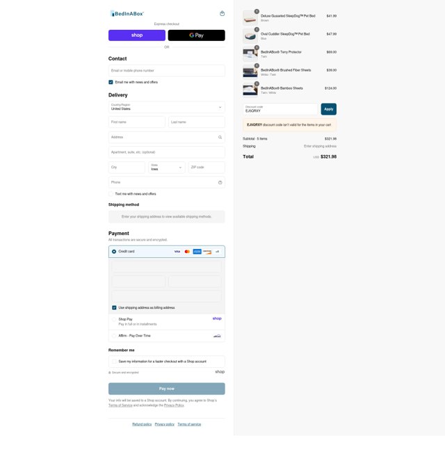 BedInABox checkout page showing BedInABox discount code box | Screenshot taken by SimplyCodes community member on Sep 1, 2025