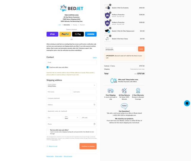 BedJet checkout page showing BedJet discount code box | Screenshot taken by SimplyCodes community member on Sep 4, 2025